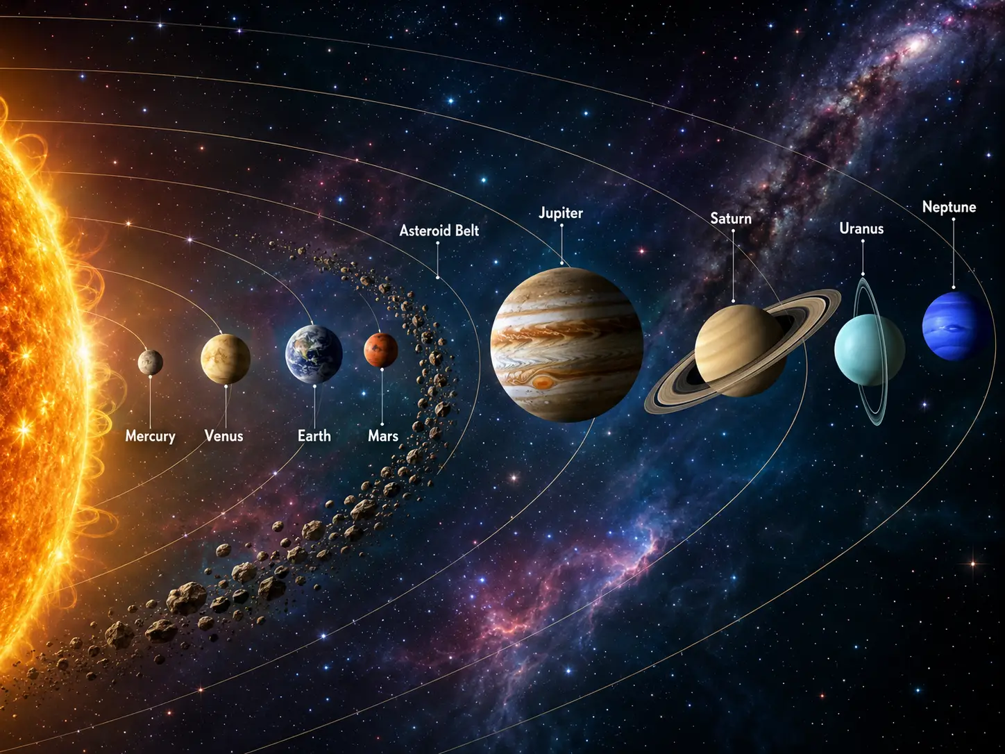 The Sun and planets arranged in order within the solar system.
