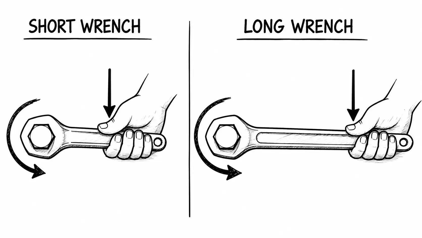 Two hands apply the same downward force to a wrench turning a bolt counterclockwise: on the short wrench the nut rotates slightly, while on the long wrench the same force produces much greater rotation, showing that a longer handle increases torque.