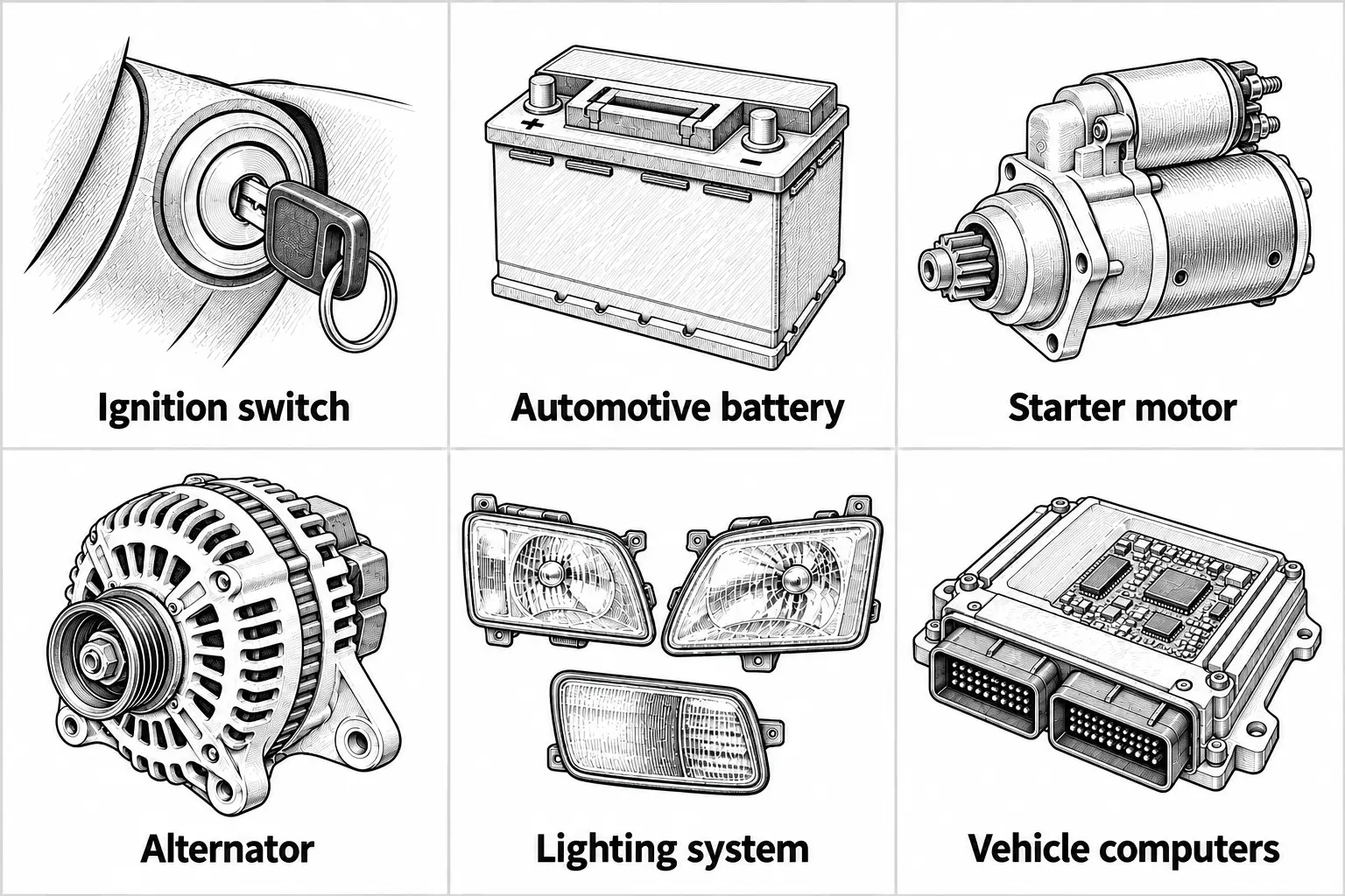 Six labeled automotive parts: ignition switch with key inserted, a rectangular automotive battery, a cylindrical starter motor with gear teeth, a finned alternator, a lighting system showing two headlights and a taillight, and a vehicle computer module with circuit board and connector pins.