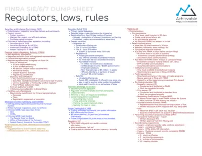 Quick reference sheet ("cheat sheet") for the Series 7 covering regulators, laws and rules.