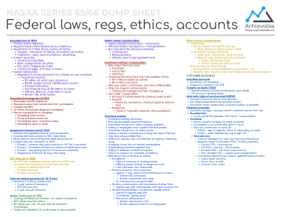 Quick reference sheet ("cheat sheet") for the Series 65 covering federal laws, regulations, ethics, and customer accounts.