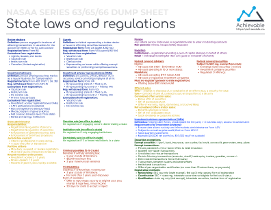 Quick reference sheet ("cheat sheet") for the Series 66 covering state laws and regulations.