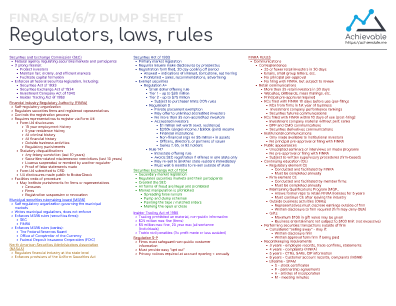 Quick reference sheet ("cheat sheet") for the SIE covering regulators, laws and rules.