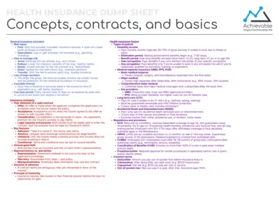 Quick reference sheet for health insurance covering concepts, contracts & basics.