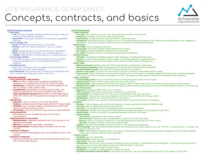 Quick reference sheet for life insurance covering concepts, contracts & basics.