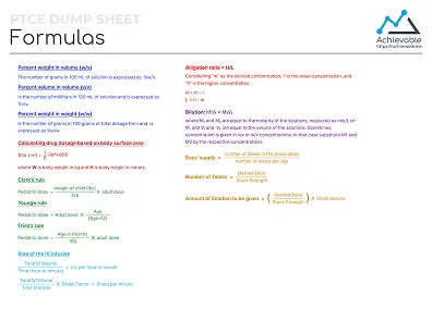Quick reference sheet for PTCE covering formulas.